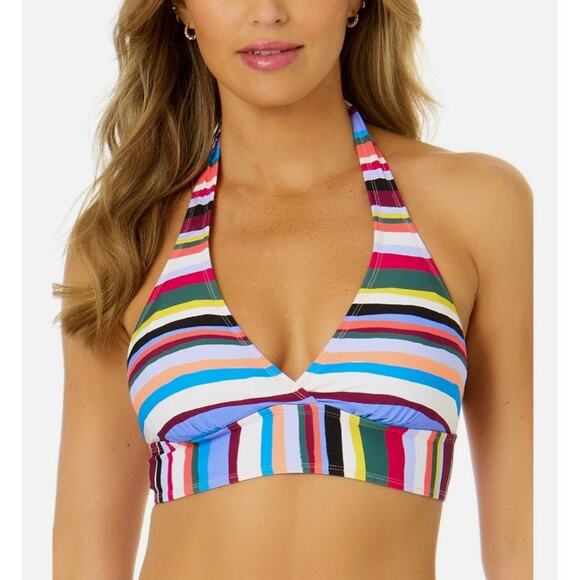 NEW Anne Cole Striped Bikini Top Size Small Purple Blue Halter Tie Neck Swim - Picture 1 of 11